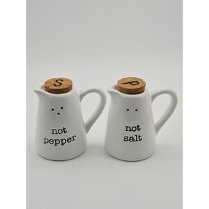 Mud Pie Not Salt Not Pepper Shaker Set White Ceramic Pitcher Cork Stoppers